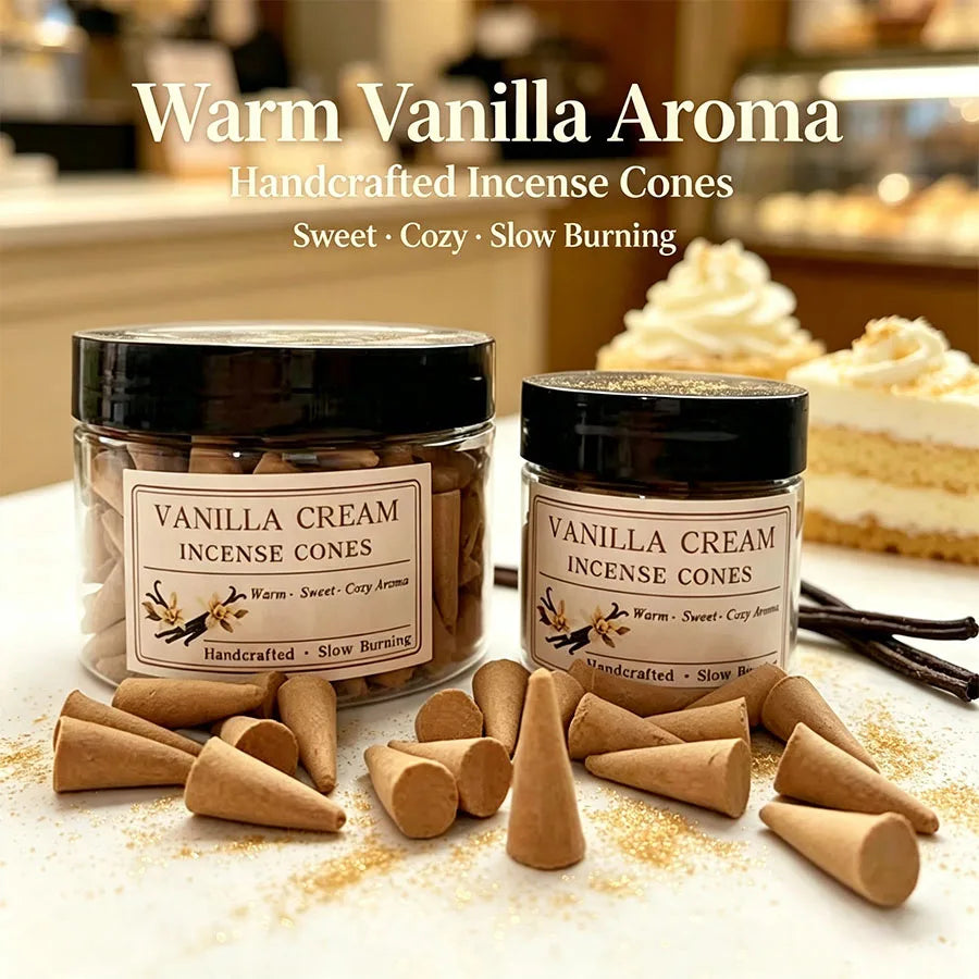 Vanilla incense cones and jar on a table in a warm, softly lit room