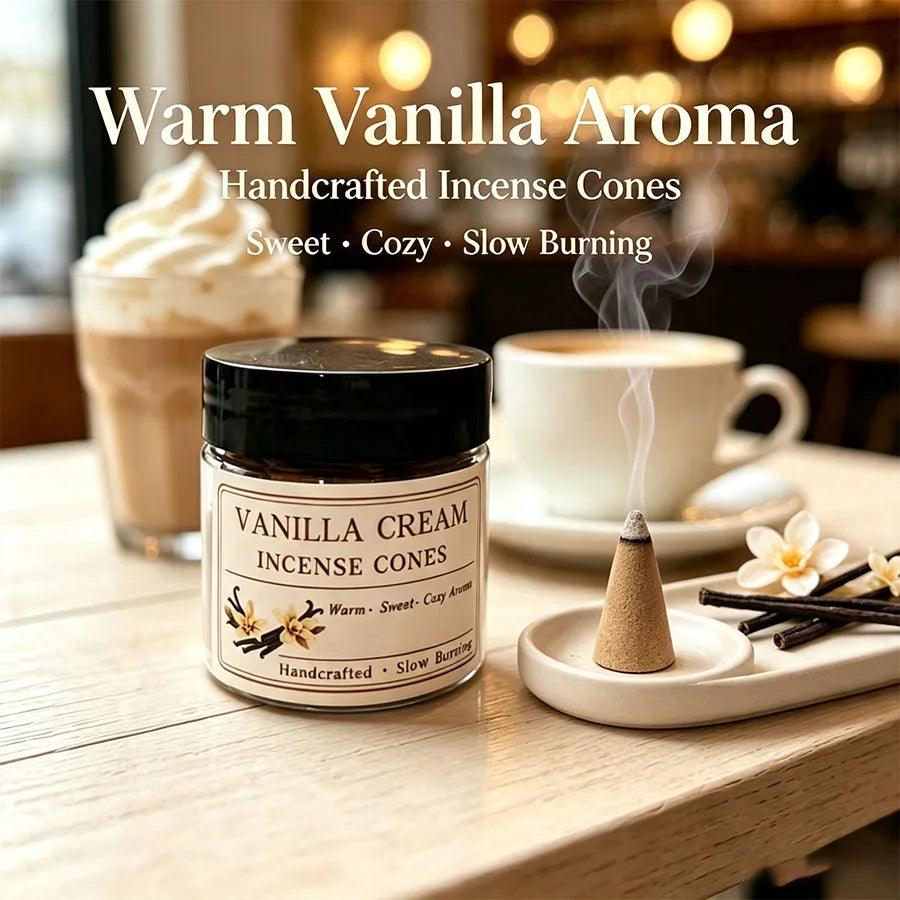 Jar of vanilla incense cones beside a mug on a wooden table
