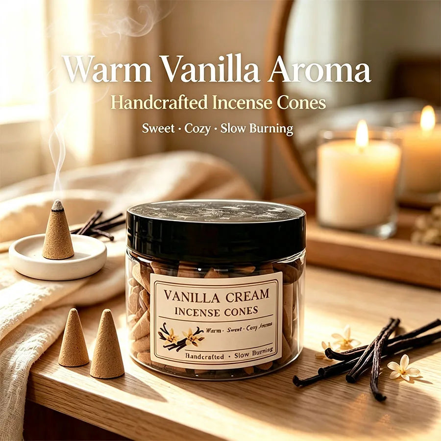 Jar of vanilla incense cones with lit candles and vanilla pods