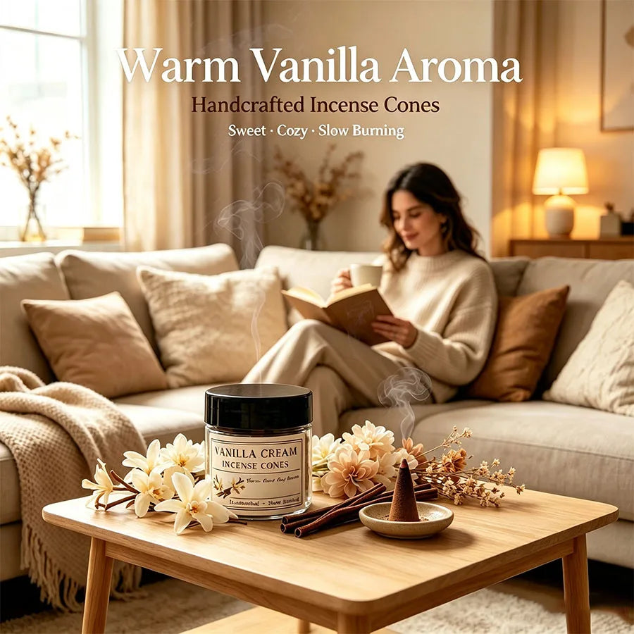 Woman relaxing on a sofa in a living room scented with vanilla incense cones