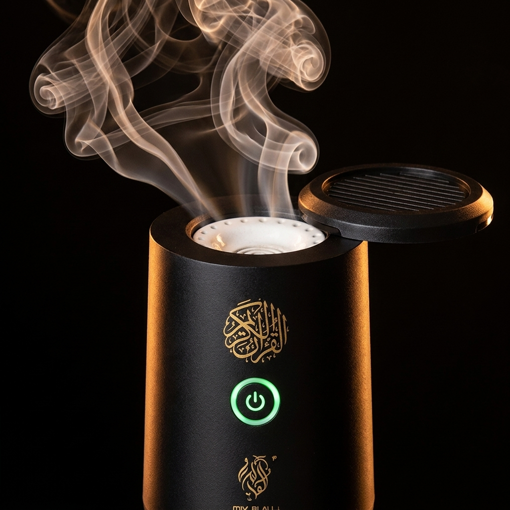 Close-up of matte black bukhoor burner Quran speaker with gold Arabic calligraphy and fragrant smoke