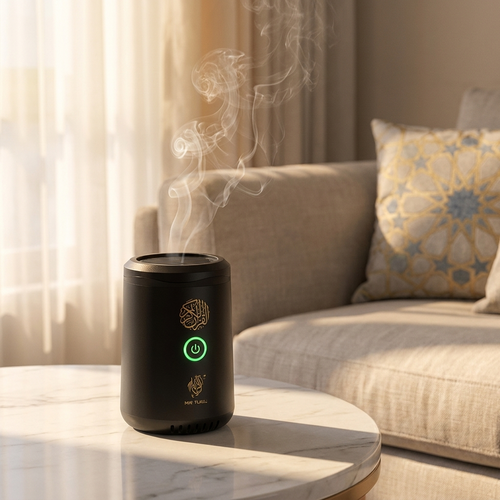 2-in-1 Quran speaker and bukhoor incense burner on a marble side table in a warm modern living room