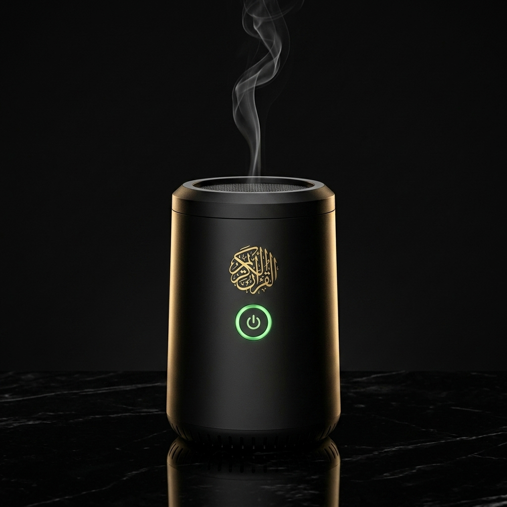 SQ-505 studio shot on matte black with gold rim lighting and oud smoke